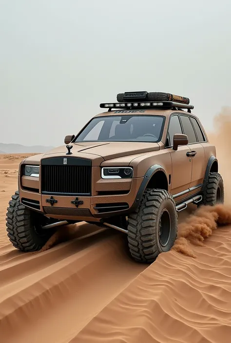 Imagine a stunning, heavily modified Rolls-Royce Cullinan, expertly transformed into an off-road beast. Its signature luxury design is fused with rugged, all-terrain capabilities, boasting massive, oversized tires that look like they could conquer any land...