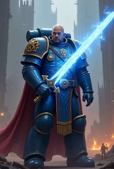 create a warhammer 40k commissar wallpaper with a power sword glowing in blue 