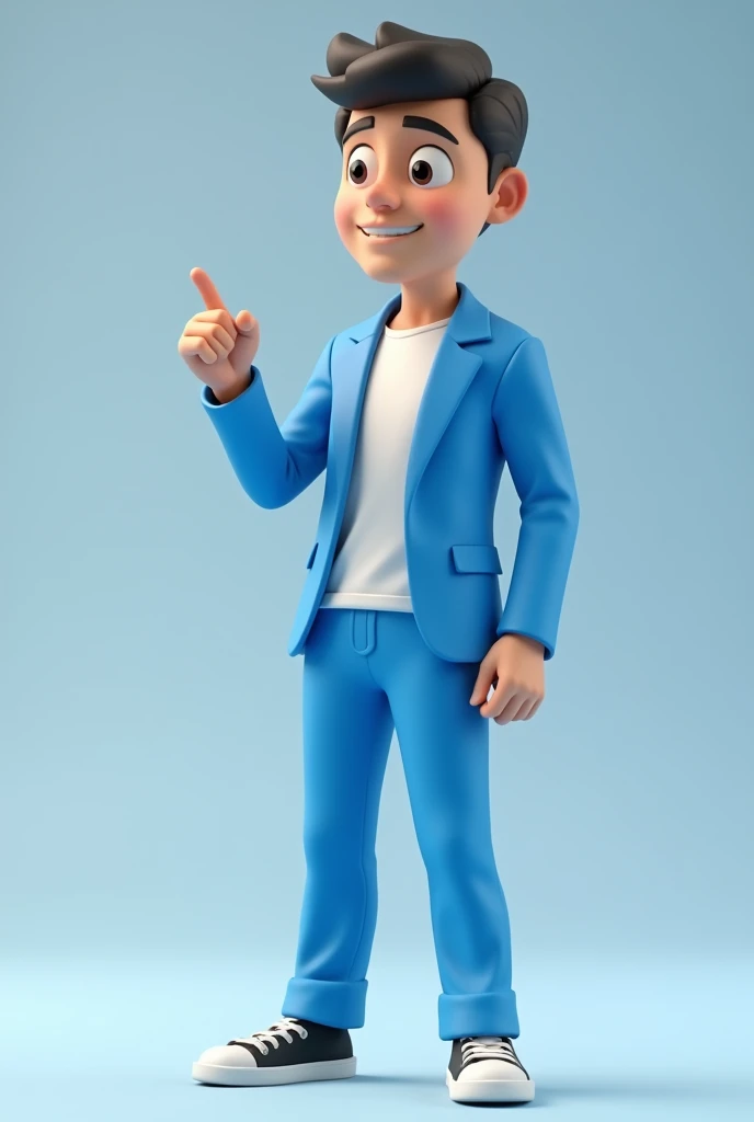 3D animated man dressed in blue doing the pointing down
