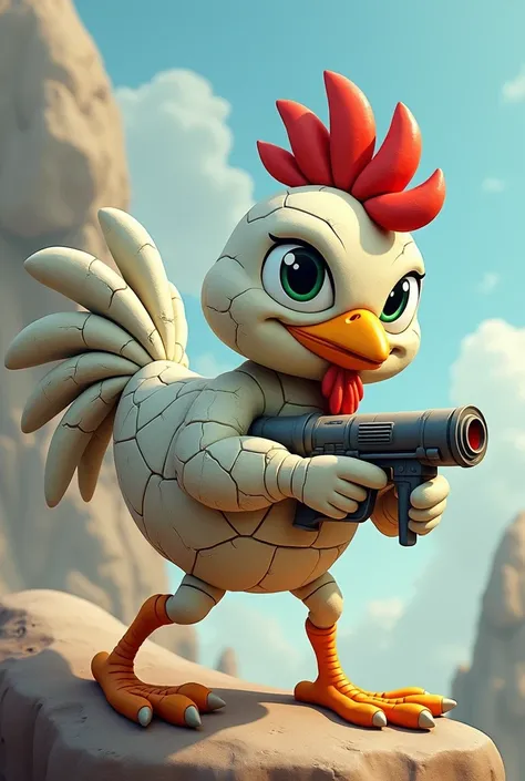 Create in Cartoon a female stone chicken with a bazooka