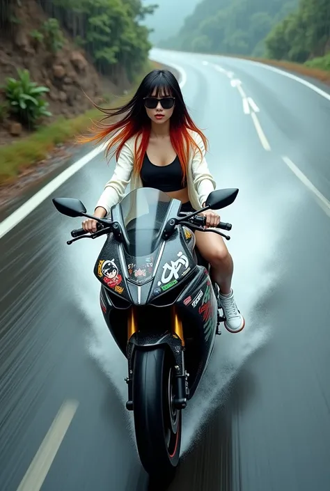 Drone view, overhead-angel, scene of going fast striking and dynamic photo of a young beautiful Thaiwanese female with big breast, long black, red, and orange ombre hair color. Wearing black sunglasses, white cardigan, black shorts, and white sneakers. Rid...