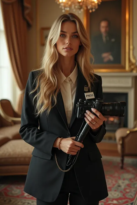 European young woman, very long blonde hair, camera in her hand, microphone in her other hand, badge on her jacket saying PRESS, in a luxurious mansion, realistic style