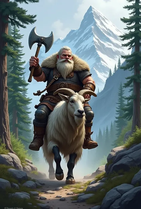 Small, 4 rpg dwarf, riding a mountain goat, in forest mountains, carrying a battle axe 