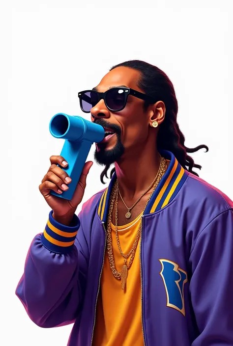 Snoop Dogg fully body blowing a blue schilling musical toy kazoo with a white background
