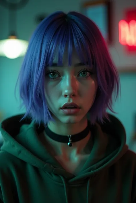 raw photo, a cute afraid girl, purple stacked bob, 20 years old, curl mascara, glitter eyeliner, buff, choker, realistic skin texture, oversize hoodie, (Army Green:0.8), hardcore, cold lighting, morbid atmosphere, instagram style, fashion (ramen shop:1.1),...