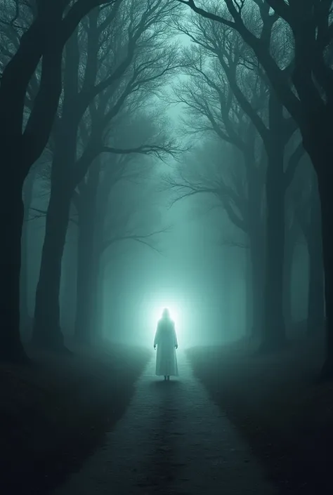 Une forêt assez sombre avec du brouillard, au milieu, se tient une âme lumineuse sur le sentier, réaliste, HD, Masterclass ￼