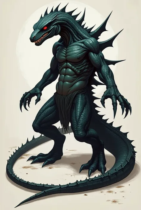 Lizar-like monster ,  scaly carbon-black body, red eyes and a long tail .  It has a fine but well-defined musculature .