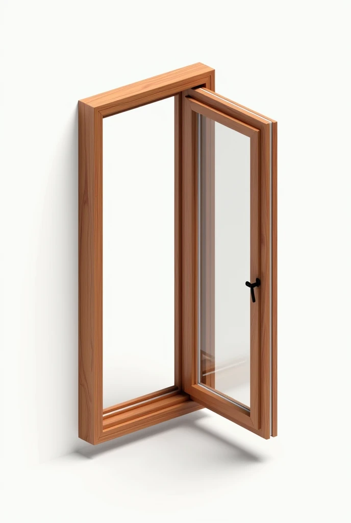  Open folding window, in isometry , Right back facing forward,  looking to the left ,  made of thick wood and transparent glass, floating without realistic background 