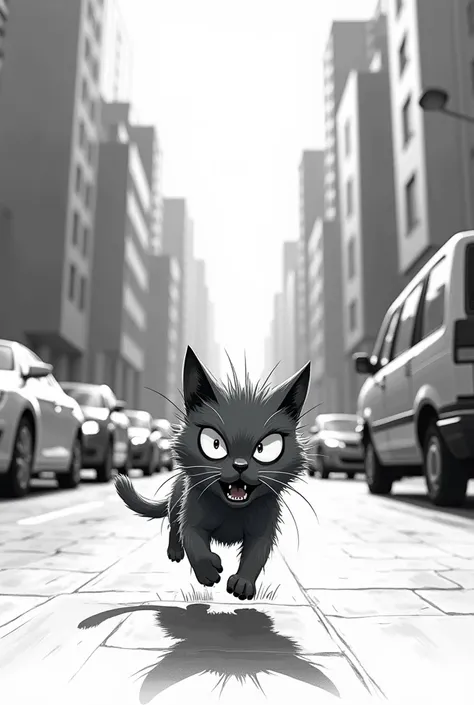 Frightened little gray cat running through the streets with cars like drawing sketch