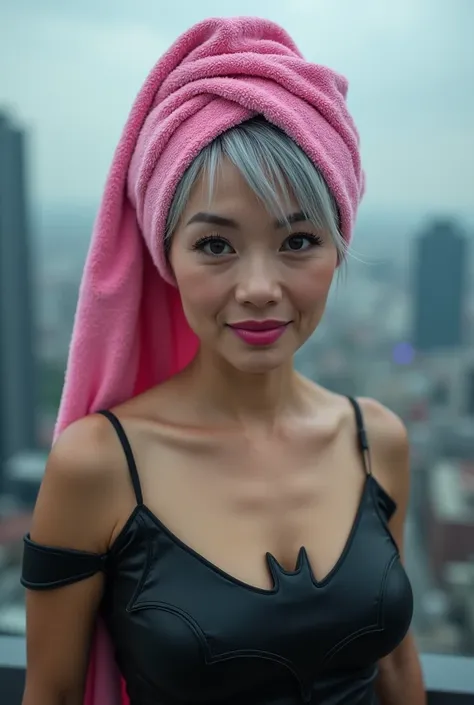 A sexy still very young looking 50 yearsold mature Filipino girl with a pink hair towel completely covering her head as the superhero batgirl wearing a batgirl costume standing in a city skyscraper rooftop High-key lighting Style, 1girl, sol o,,gray hair, ...