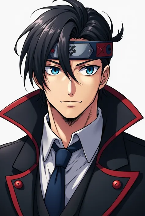  Draw in anime style a sturdy man of 2 meters ,  he wears a black suit with dark reddish details . He has fair skin , blue eyes,  straight black hair that is not short with its bangs behind a BLUE headband with RED details,  your face is reminiscent of a M...