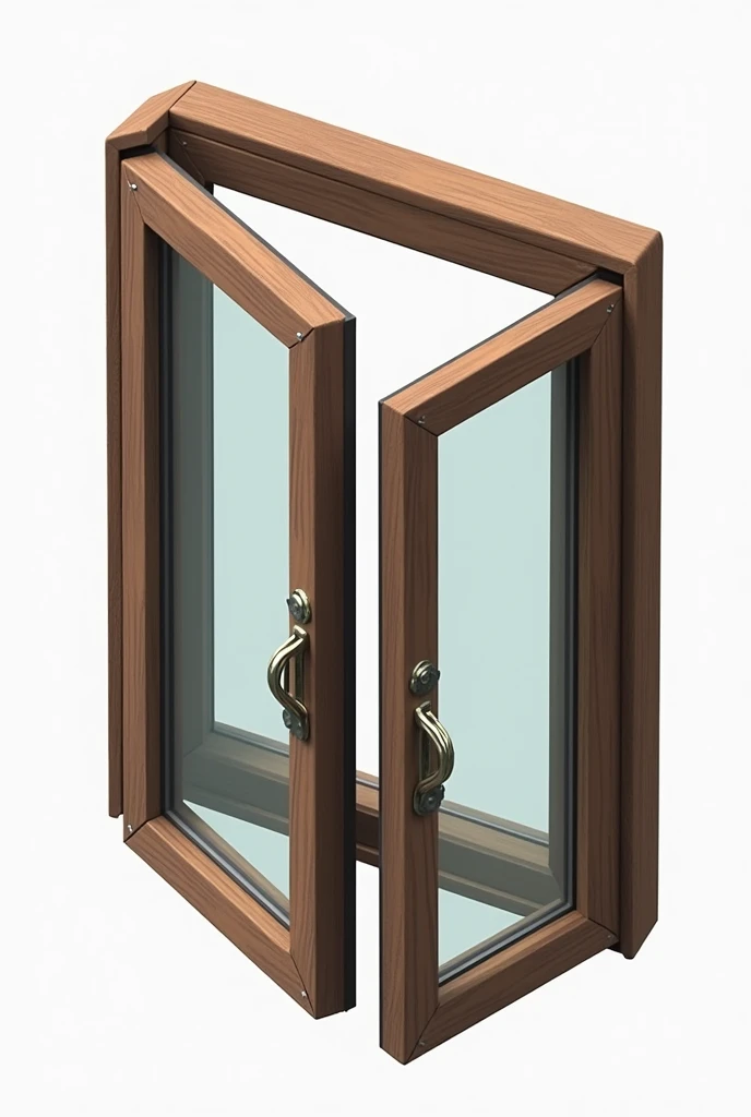  Open folding window, in isometry , Right back facing forward,  looking to the left , made of thick rustic wood and transparent glass, floating without realistic background 