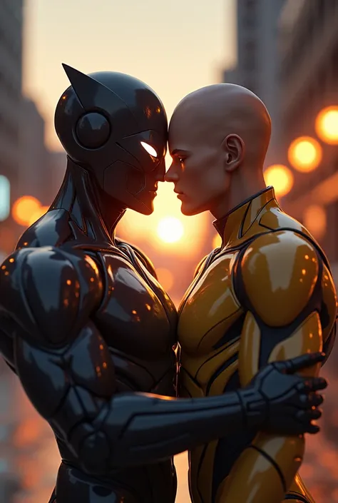 Make saitama and genos kissing but both are men and they are using their heroe suits