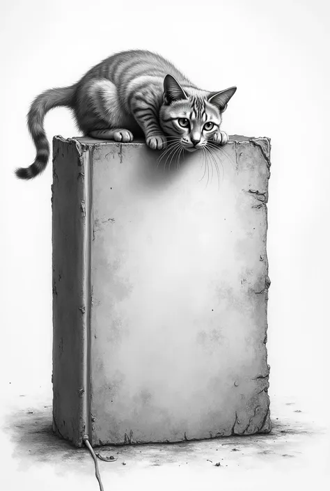 A large book cover standing and facing,  with a cat clinging to it from above ,  and showing only its head and two front paws.
Graphite drawing with filter