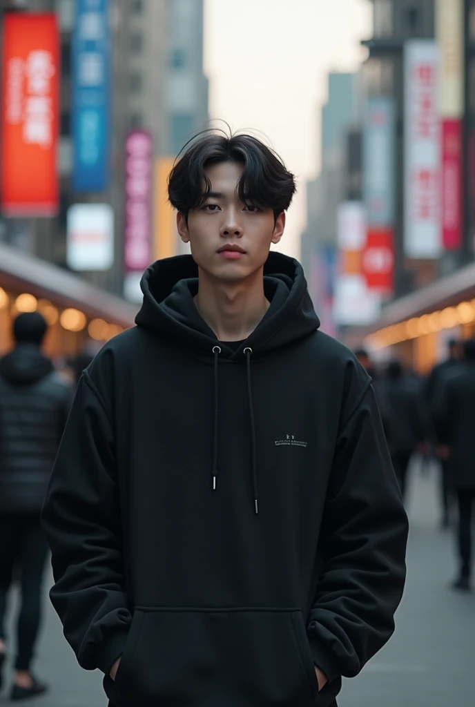 arafed man in a black hoodie standing in a crowded street, a picture inspired by John Luke, trending on pexels, realism, jinyoung shin, south korean male, jung jaehyun, taejune kim, hong june hyung, portrait of jossi of blackpink, male ulzzang, jaeyeon nam...