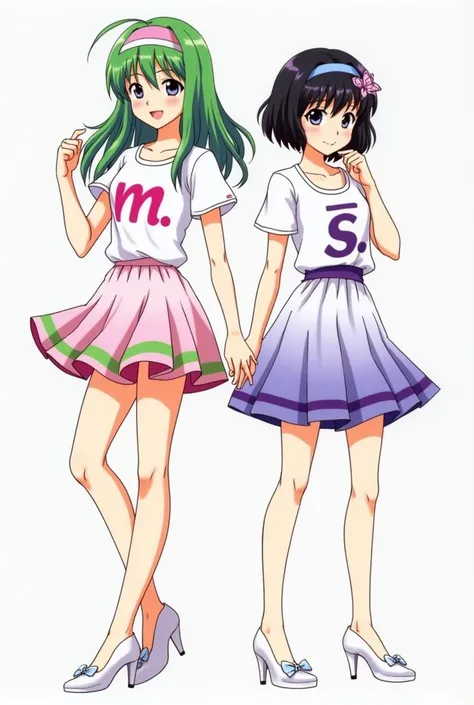 Image of Shinobu Kocchio and Mitsuri Karonji that Mitsuri wears a white shirt and the pink letter m and a pink and green mini skirt dress shoes with a high heel in white, ironed and long green and pink hair and Shinobu a white shirt with the letter s in pu...