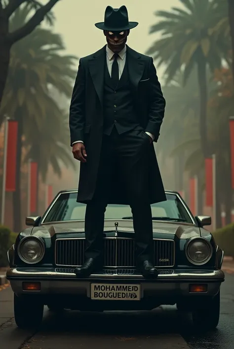 A man in mafia attire, wearing a scary mask on his face, standing on top of a car with the name Mohammed Bouguedha written on it.