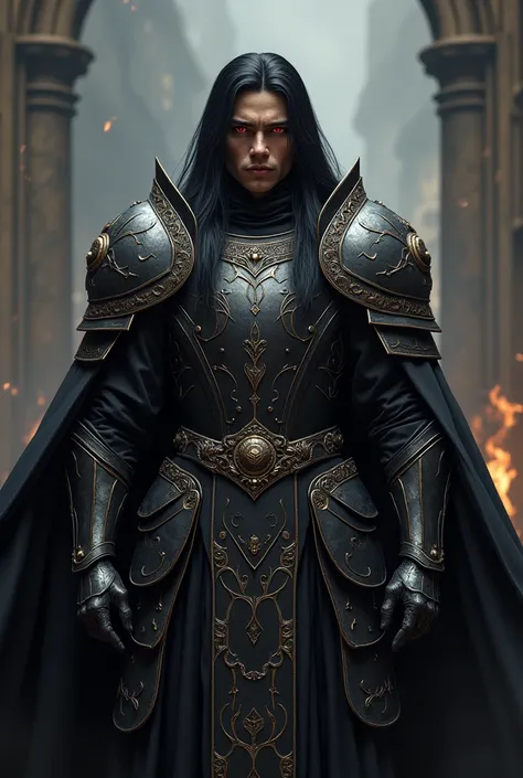 A young man in his 20s and 30s with dark-colored skin, Straight and black hair like the night,  red eyes , dressed in steel armor, With the aura of a tyrant emperor.