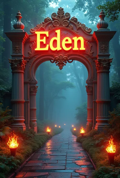  Royal sign at the top of the image that says EDEN.
neon fire with the theme of Eden of the day .