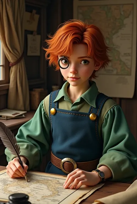 Fotografia Ultra realistic,  redheaded teenager,   he wears a monoculum in his left eye ,   with a green shirt rolled up ,  a long blue apron with gold buttons .  He is sitting drawing maps , He has a birds feather in his hand and ink for drawing. Cartogra...