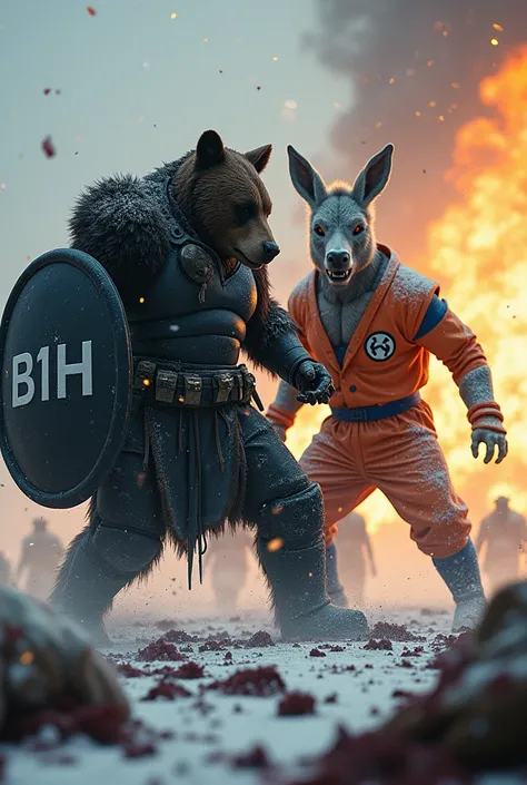 Warrior Bear with black armor and a black B1H shield, fighting alongside a Super-Sayan Donkey, wearing the orange jumpsuit. During a snowstorm, on a bloody battlefield, with gold zombie s on the ground. Fire in the background!
