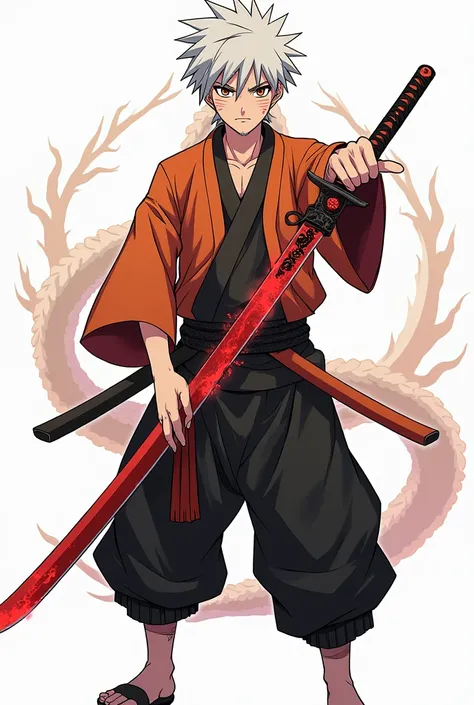 Create an anime-style character in the style of Naruto Shippuden, featuring Ryan, a powerful warrior bonded with a Chinese dragon spirit. Ryan has white hair styled with short sides and longer, slightly messy hair on top. He has dark circles under his eyes...