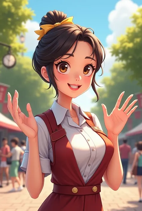 Professional female tour guide with her hair tied, with bow . slanted eyes, with a slight smile, waving hands. In cartoon
