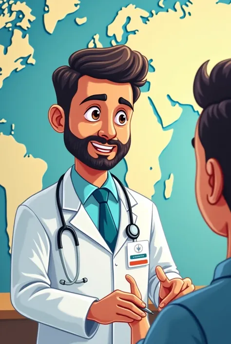 A poster representing World Diabetic day with willway consultation written as the picture watermark. Put a male indian fair skin boy in cartoon doctor with trim beard while checking a patient blood glucose. 
Write world Diabetic day and also add a backgrou...