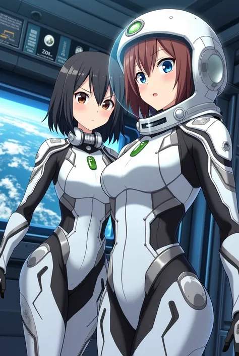 masterpiece:1.4, masterpiece, Highest quality, high resolution, newest, 2girls, friends, (group shot):5, (upper body):5, kyoto animation style, detailed, BREAK space station interior, zero gravity environment, floating, BREAK (white and black mechanical sp...