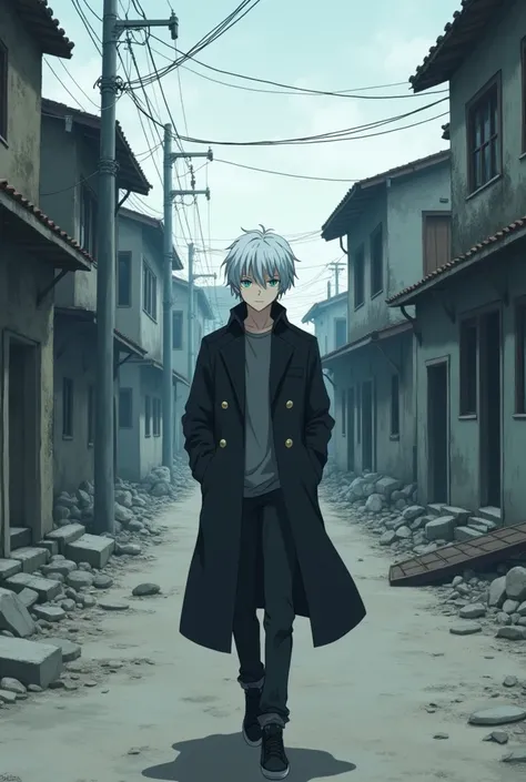 in anime.  A young man was walking in an uncrowded city , the unpaved floor ,  and the land was completely compact ,  the houses looked old and abandoned ,  but there were signs of residents ,  even with those poor conditions .  The place had been through ...