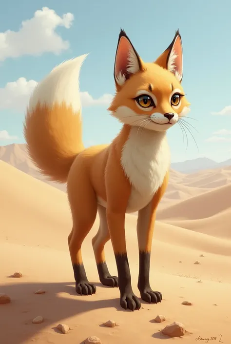 A mix of cat and fox with sand-colored fur