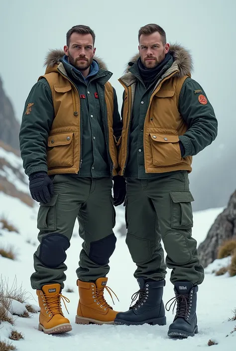 Two nordic men wearing yellow Timberland boots and tactical boots tightly bound from bootlegs. 