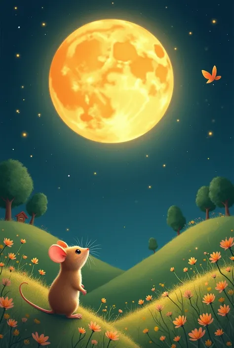 A rens illustration of a mouse looking at a cheese moon