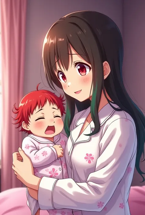 Screenshot of Anime My Hero Academia, a young girl of 19 years old, with long straight brown hair with green highlights at the tips, cherry red eyes, carrying in her arms a newborn baby girl with red hair who is crying, both have a White pajamas with cherr...