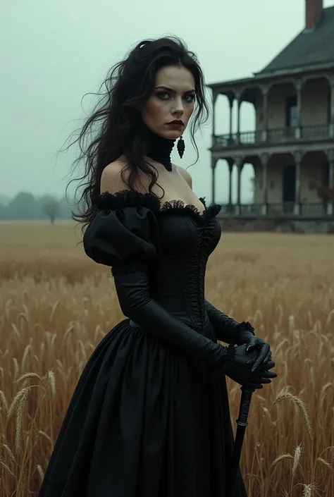 Normal body woman , Dark look, slightly wavy, large hair and white hair, black corset and black cane with black fingernails and an old house with balconies on a wheat plantation
