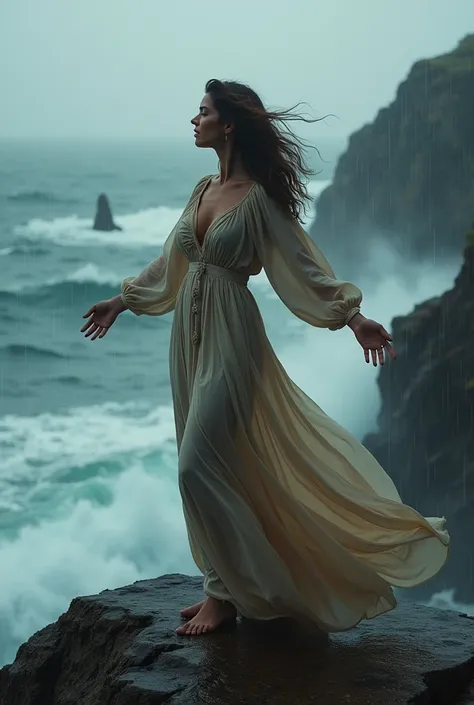 Pretty sexy thirty-five year old woman standing on the edge of a precipice overlooking the ocean,  strong wind ,  long and loose dress hippie fashion , nue, storm ,  heavy rain ,  her arms spread ,, It is seen from the ocean 