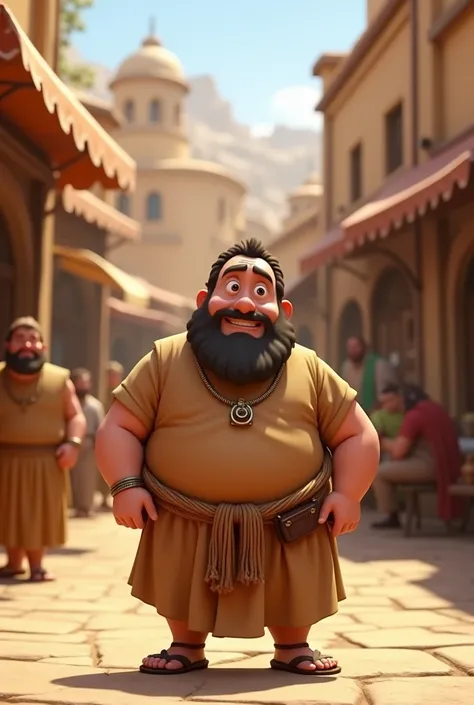 Generate a cartoon plump innkeeper Nazarene man with a confused and negative face in the Pixar-style city Nazareth

With the same faces and characters as the 
First images generated