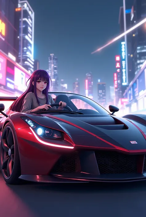 a wallpaper photo that has an image related to the game Asphalt 8 and an anime person sitting in the car and next door and the car that has the name Lehs444