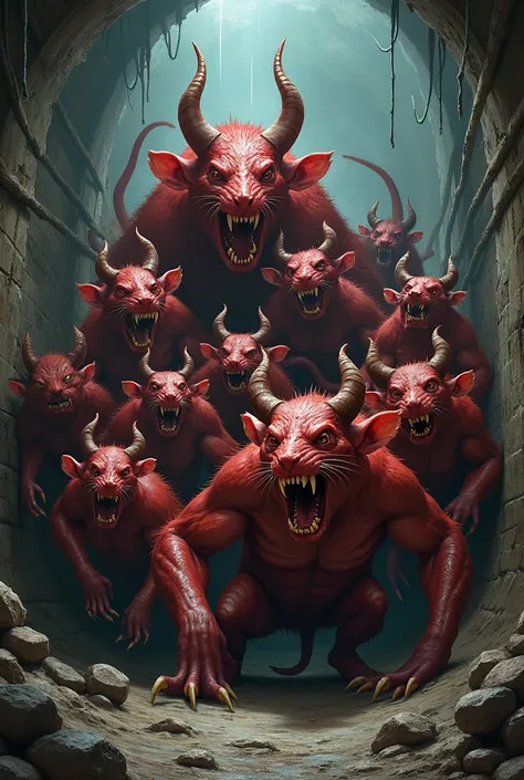 A bunch of redskinned really big rats with horns tower over each other in a dark sewer, realistic,  high resolution , grim,  threatening 