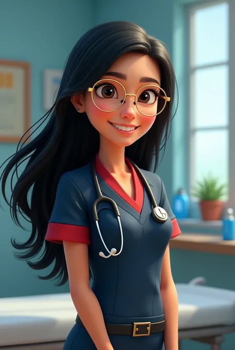 An image of a Disney Pixar girl ,  physical therapist with physical therapist tools and wearing dark blue uniform with red lines,  with black hair and gold lenses with white 