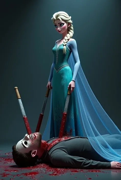 4K, Hight quality, very beautiful Elsa, male n eck bloody splashed, male full mask, several long knife stuck into male neck, male die, Disney Elsa frozen, Elsa stepped on Male head
