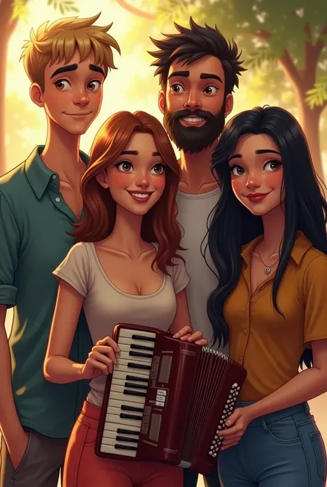 four friends,  the first who is a MAN with blond hair and who is tall with slanted eyes ,  the second who is a WOMAN who has very long light brown hair and who has an accordion in her hands,  the second that he is an attractive man with a beard and thick e...