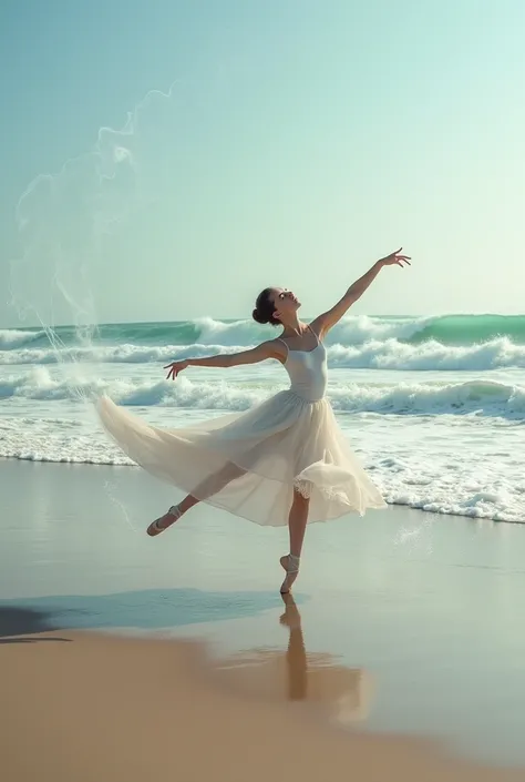 A beach landscape with many waves and fun with a graceful ballet dancer, her movements fluid and elegant, Surrealism