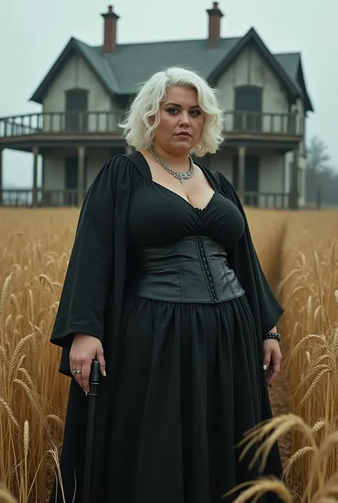 fat woman, Very full waist and slightly wavy white hair, Full face dark look , black corset,  black cane in the hand and black fingernail on a wheat plantation and an old house with two balconies on the first floor 