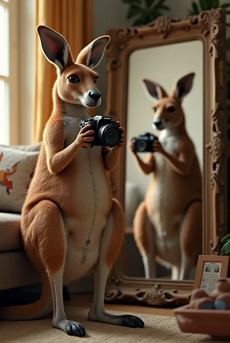 Create a picture of a kangaroo taking a picture in a mirror that looks real 