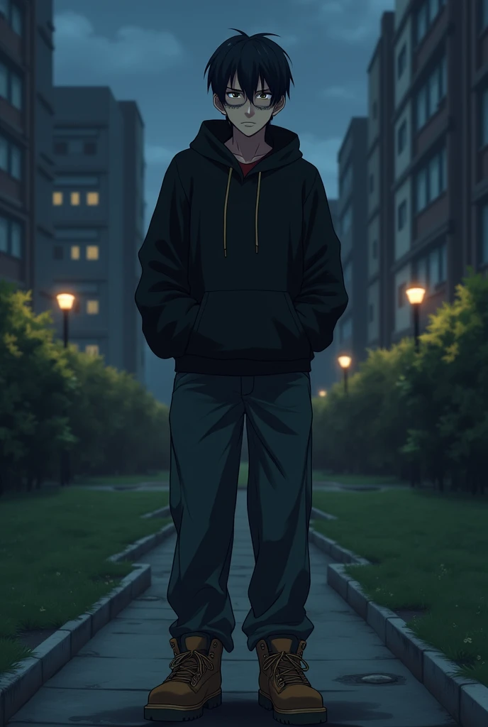 Middle-aged man, brown eyes, short black hair, He has dark circles under his eyes and a cigarette between his index and middle fingers, he is wearing a black hoodie, baggy jeans, and Timberland boots, his expression is serious and depressive. Located on a ...