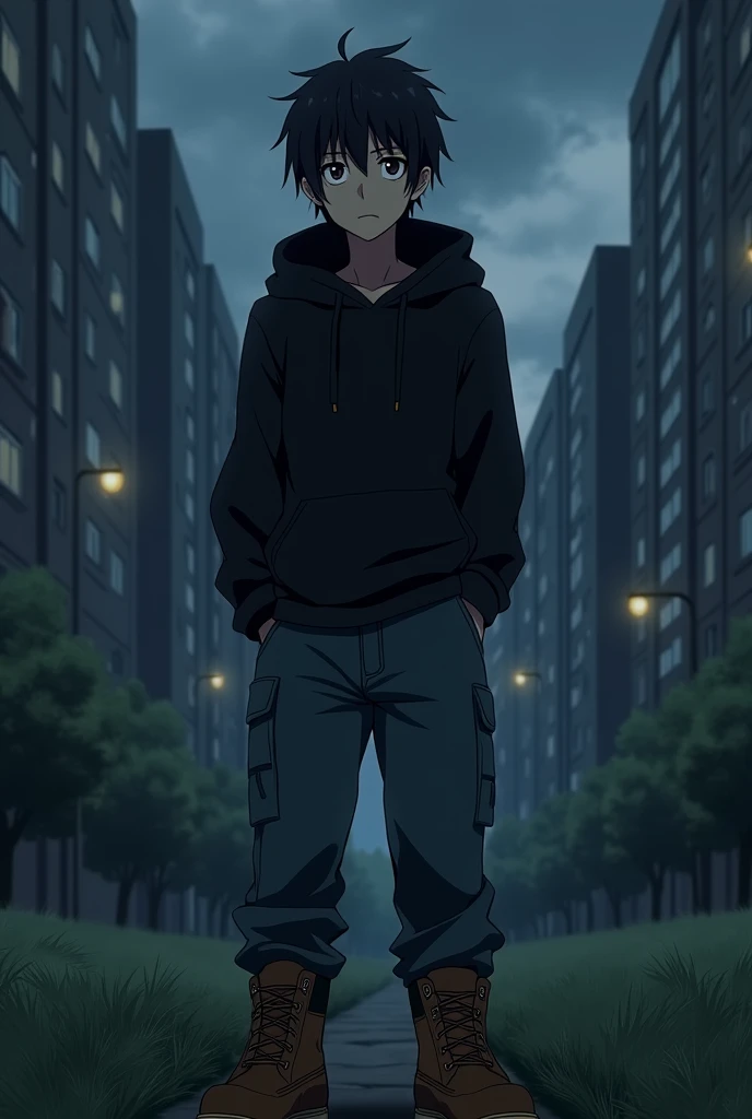 Man of about twenty-one years old, brown eyes, short black hair, He has dark circles under his eyes and a cigarette between his index and middle fingers, he is wearing a black hoodie, baggy jeans, and Timberland boots, his expression is serious and depress...