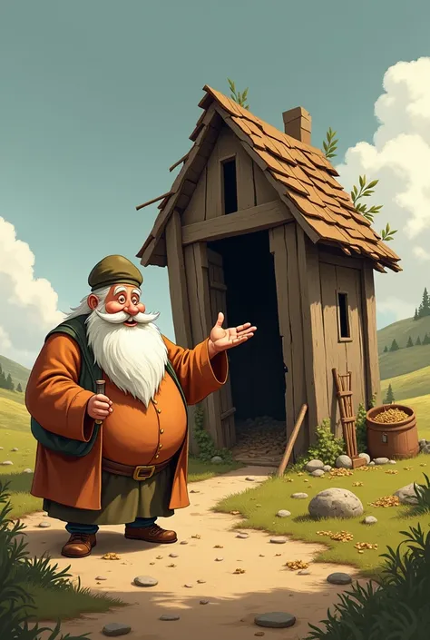 Generate a cartoon plump innkeeper Nazarene man showing a barn or crib without walls in terrible condition, almost about to collapse the roof of the stable in Pixar style
