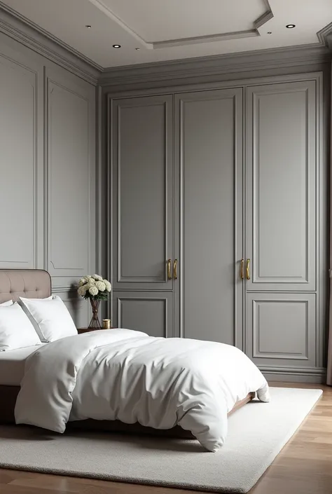 I need a bedroom with gray and white walls, bed and wardrobe with money decoration