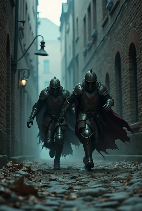 two frightened knights running in an alley